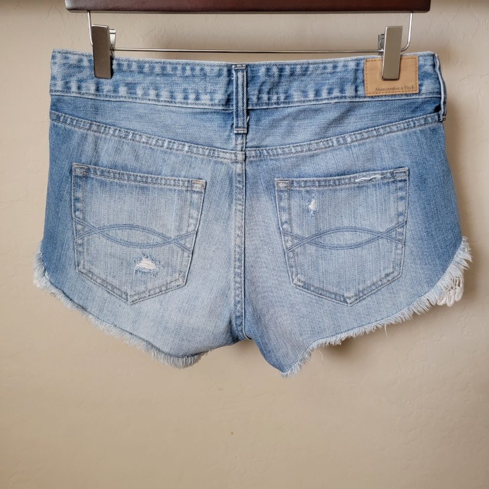 Abercrombie & Fitch Lace Crochet Distressed Cutoff Denim Jean Shorts - Picture 7 of 12